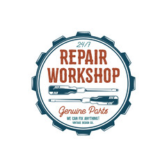 Vintage label design. Repair workshop emblem in retro colors style with garage tools - screwdrivers and typography elements. Good for tee shirt , prints, car logo, repair station , patches.