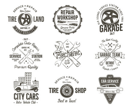 Vintage car service badges, garage repair labels and insignias collection. Retro colors design. Good for repair workshop, classic cars auctions, clubs, tee shirt. monochrome isolated
