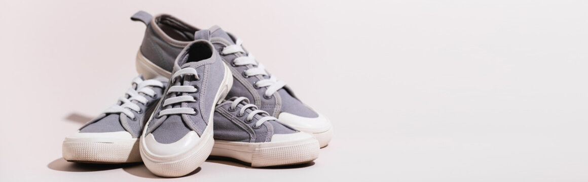 Grey Casual Sneakers On White Background, Banner