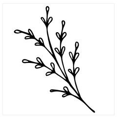 Simple branch with leaves, isolated hand drawn vector illustration on white background