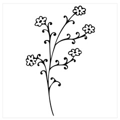 Simple branch with flowers, isolated hand drawn black and white vector illustration on white background