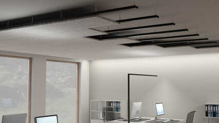 Acoustic noise reduction panels made of wood wool fibres mounted at the ceiling of an office for acoustic insulation 2 close view of the mounted ceiling - obrazy, fototapety, plakaty