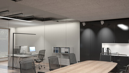 Acoustic noise reduction panels made of wood wool fibres mounted at the ceiling of an office for acoustic insulation 1 - obrazy, fototapety, plakaty