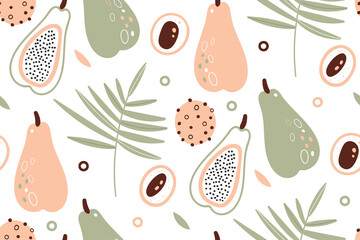 Papaya pattern. Tropical fruits. Scandinavian style. Citrus wallpaper. Vector texture. Flat icons papaya and palm leaves. Vegetarian healthy food. Colored vector seamless pattern. Vegan