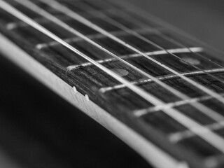 Detail of a black and white electric guitar