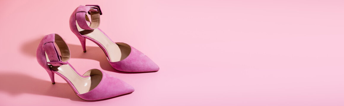 Pair Of Elegant Suede Heeled Shoes On Pink Background, Banner