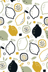 Seamless pattern with Fresh lemons for fabric, drawing labels, print on t-shirt, wallpaper of children room, fruit background. Tropical texture with yellow fruits. Scandinavian style.