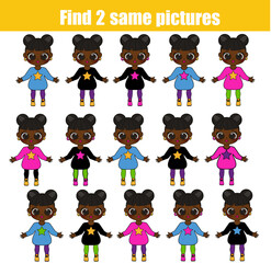 Children educational game. Find two same pictures of cute black girls