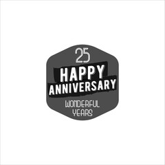 Happy 25th anniversary badge, sign and emblem. Retro monochrome design. Easy to edit and use your number, text. illustration isolate on white background