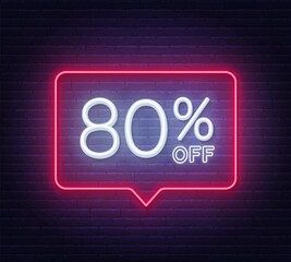 80 percent off neon sign on brick wall background. Vector illustration.