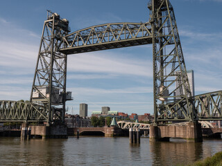 Historic steel railway bridge with lifting system at Rotterdam in the Netherlands