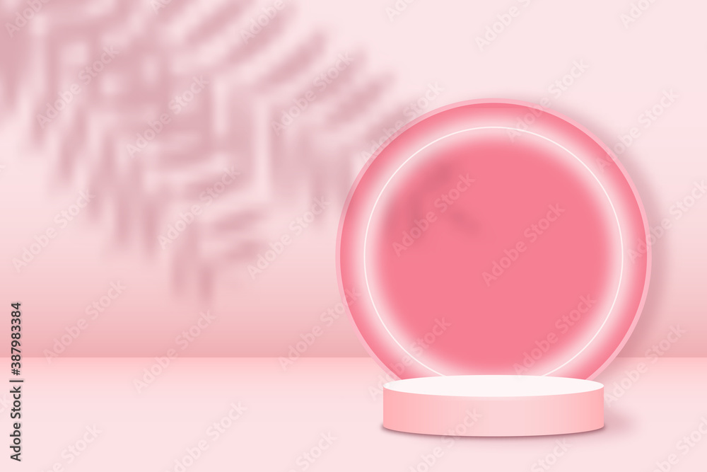 Poster realistic pink platform with palm leaves overlay shadow. round stage with empty pedestal and neon li