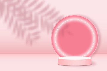 Realistic pink platform with palm leaves overlay shadow. Round stage with empty pedestal and neon light circle. 3d podium for product display show or place for presentation. Vector.