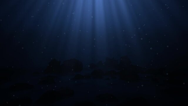 Dark blue ocean bottom with bubbles and light rays deep underwater background animation