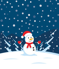 Merry christmas and Happy new year vector greeting card 2021, snowman with gifts, winter landscape