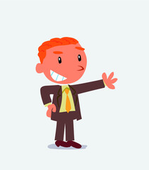  Pleased cartoon character of businessman points to something.