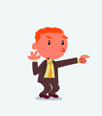 Surprised cartoon character of businessman points to something.
