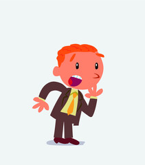 Unpleasantly surprised cartoon character of businessman looks to the side.