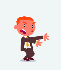 Very angry cartoon character of businessman pointing at something at side.