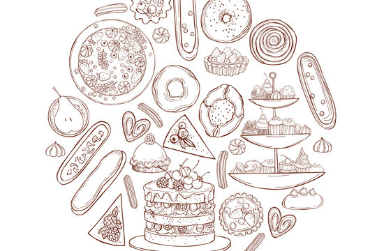 Bakery products background. Cookies, cakes, donuts. Vector sketch  illustration.