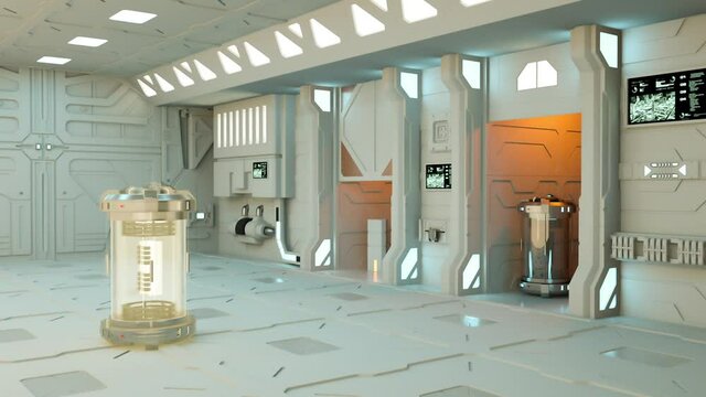 White high tech object being materialized in a lab or space ship