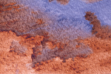 Abstract art background blue and brown colors. Watercolor painting on canvas with red stains and gradient.