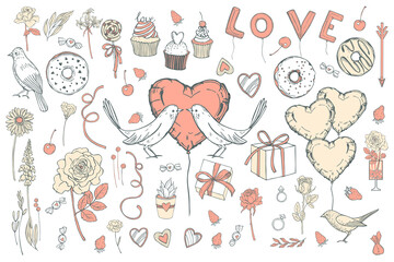 Hand drawn  Valentine's Day set. Vector  background with flowers and sweets. Sketch  illustration.
