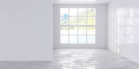 Empty room with concrete floor with sea and mountains background 3d render illustration