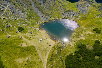 Aerial view of a glacial lake in the Carpathians
