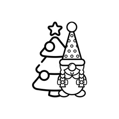 christmas dwarf girl vector with christmas tree outline