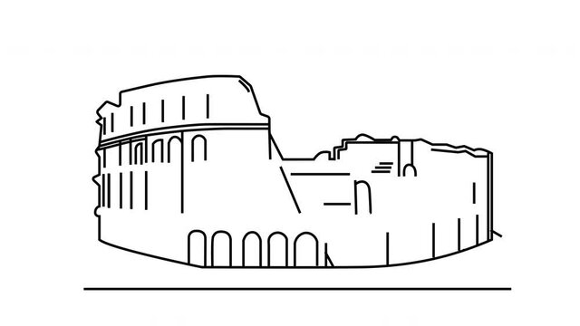 Self drawing line art animation. Colosseum of Rome outline. Line art. History travel concept. Copy space. White background.
