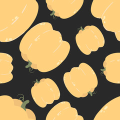 Seamless pattern with pumpkins in cartoon style on black. Vegetable pattern. Vector. Wrapping paper, wallpaper. Organic food