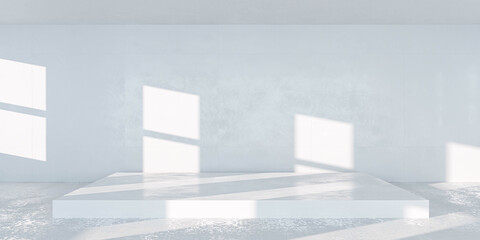 Empty room with concrete floor and diagonal shadows cast from sun light 3d render illustration