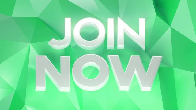 Join Now Loop 1 White x Green animated join now text with rotating white letters over a moving green polygon surface. Recruitment concept animation. Job offer post. Seamless loop