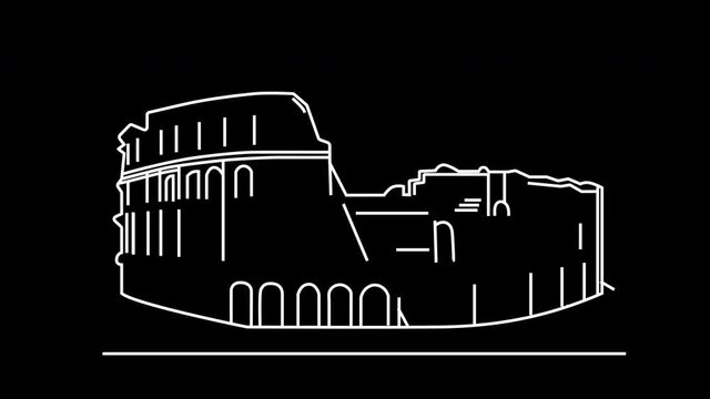 Self drawing line art animation. Colosseum of Rome outline. Line art. History travel concept. Copy space. Black background.