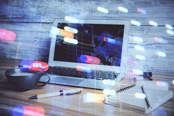 Double exposure of desktop with personal computer on background and tech theme drawing. Concept of data analysis.