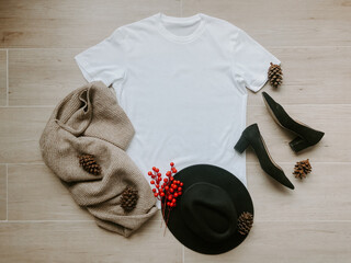 white t shirt mock up , white t shirt unisex mock up, flat lay on wood background with basic outfit 