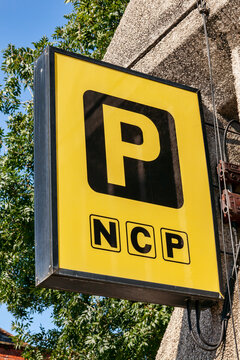 Cardiff, Wales, UK, September 14, 2016 :  NCP  National Car Parks logo advertising sign outside one of it's multi parking centre in the city centre stock photo image