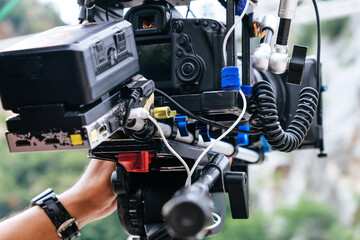 Behind the scene. cameraman shooting film scene with camera