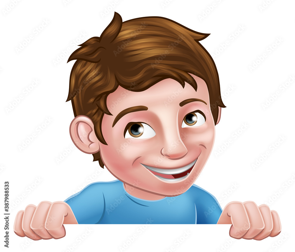 Wall mural A boy kid cartoon happy child character peeking over sign