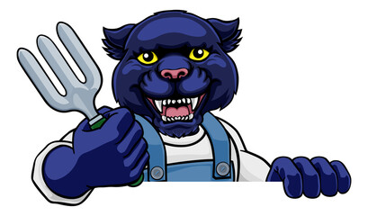 A panther gardener cartoon gardening animal mascot holding a garden fork tool peeking round a sign © Christos Georghiou