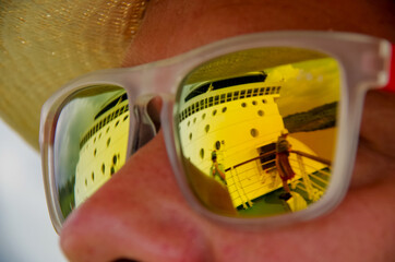 Modern Celebrity cruiseship or cruise ship liner on Chagres River during transit of Panama Canal...