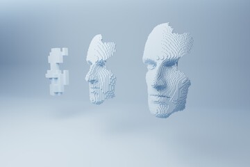 Abstract human face. 3D illustration of a head constructing from cubes. Artificial intelligence concept.