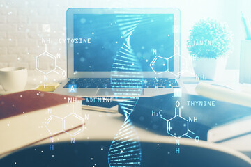 Desktop computer background and DNA drawing. Double exposure. Science concept.