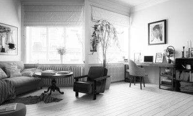 Furnished City Apartment - black and white 3d visualization