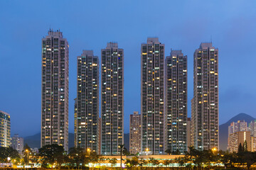 Fototapeta na wymiar High rise residential building in Hong Kong city at dusk