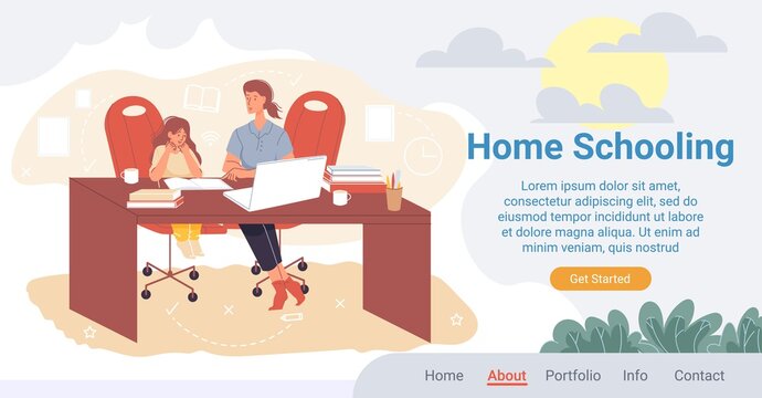 Home schooling landing page. Study process on quarantine organization. Online education service. Video lesson for pupil. Mom help kid learn. Woman tutor teaching girl student in comfortable condition