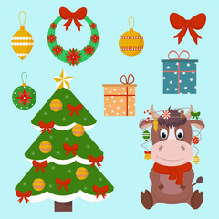 Vector set of Christmas tree, symbol of Chinese new year 2021, candy and gifts. Flat vector cartoon illustration.