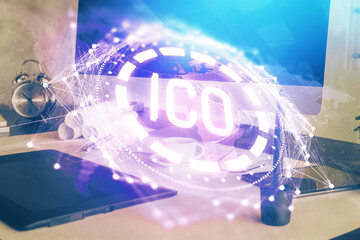 Double exposure of blockchain theme hologram and table with computer background. Concept of bitcoin crypto currency.