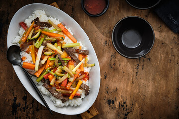 Rice with beef and vegetables, carrots, leeks, zucchini. Lunch or Dinner.
